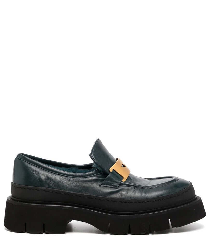 Navy Leather Chunky Loafer shoes lined with Shearling Madison Maison