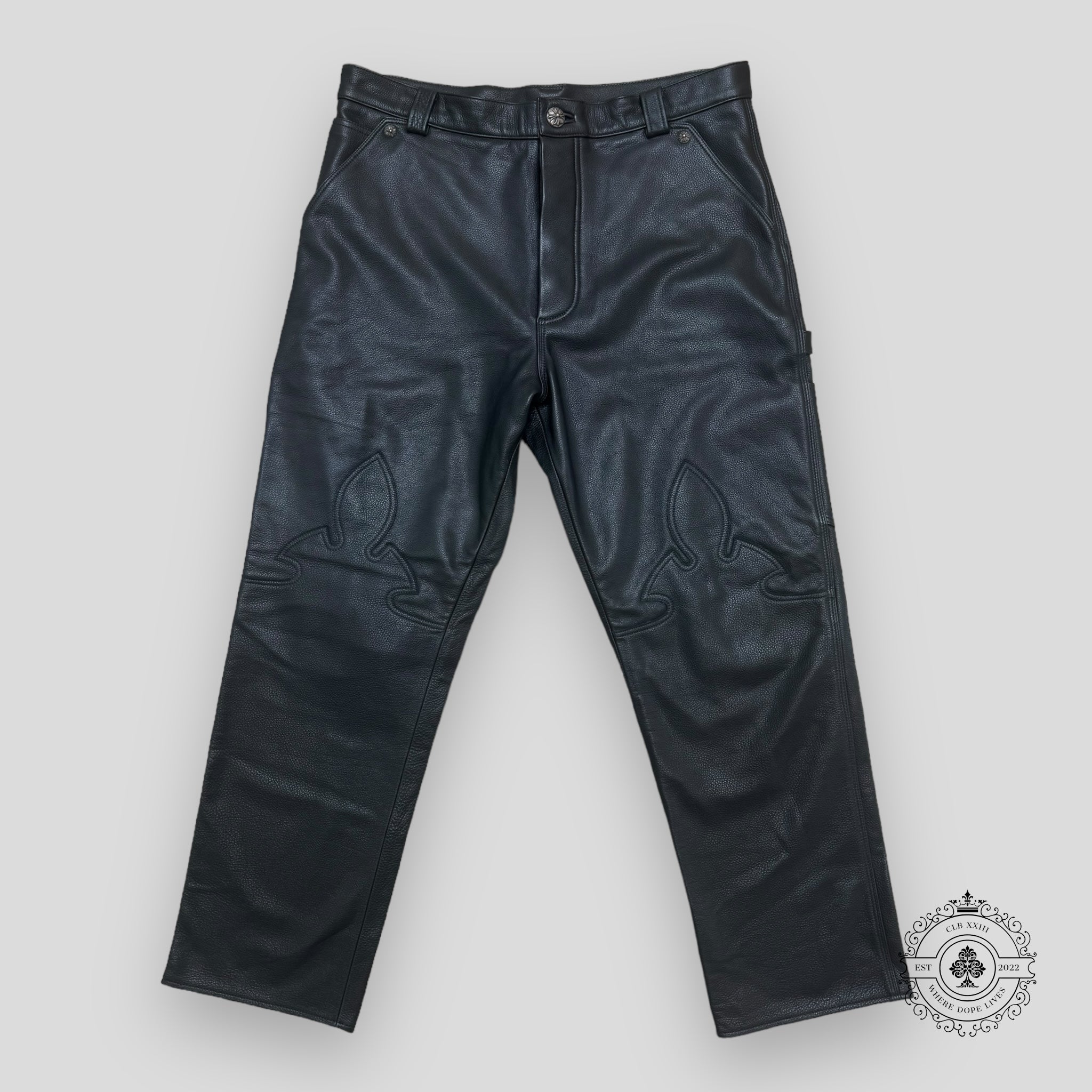 Chrome Hearts Fleur Knee Black Leather Pants men's unisex sterling silver hardware 36