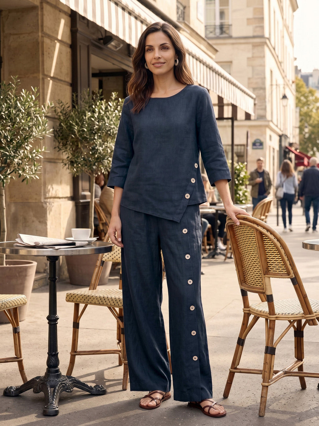 100% Linen Asymmetric-Hem Button-Trim Top NYLA Navy Blue Shirt Lintico