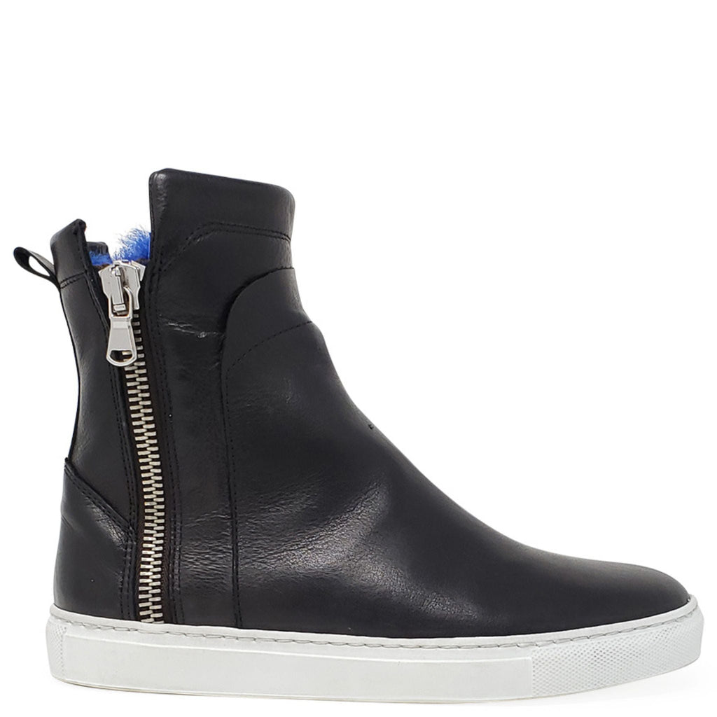 Black Leather Double Zip Shearling lined ankle Boot sneaker booties Madison Maison