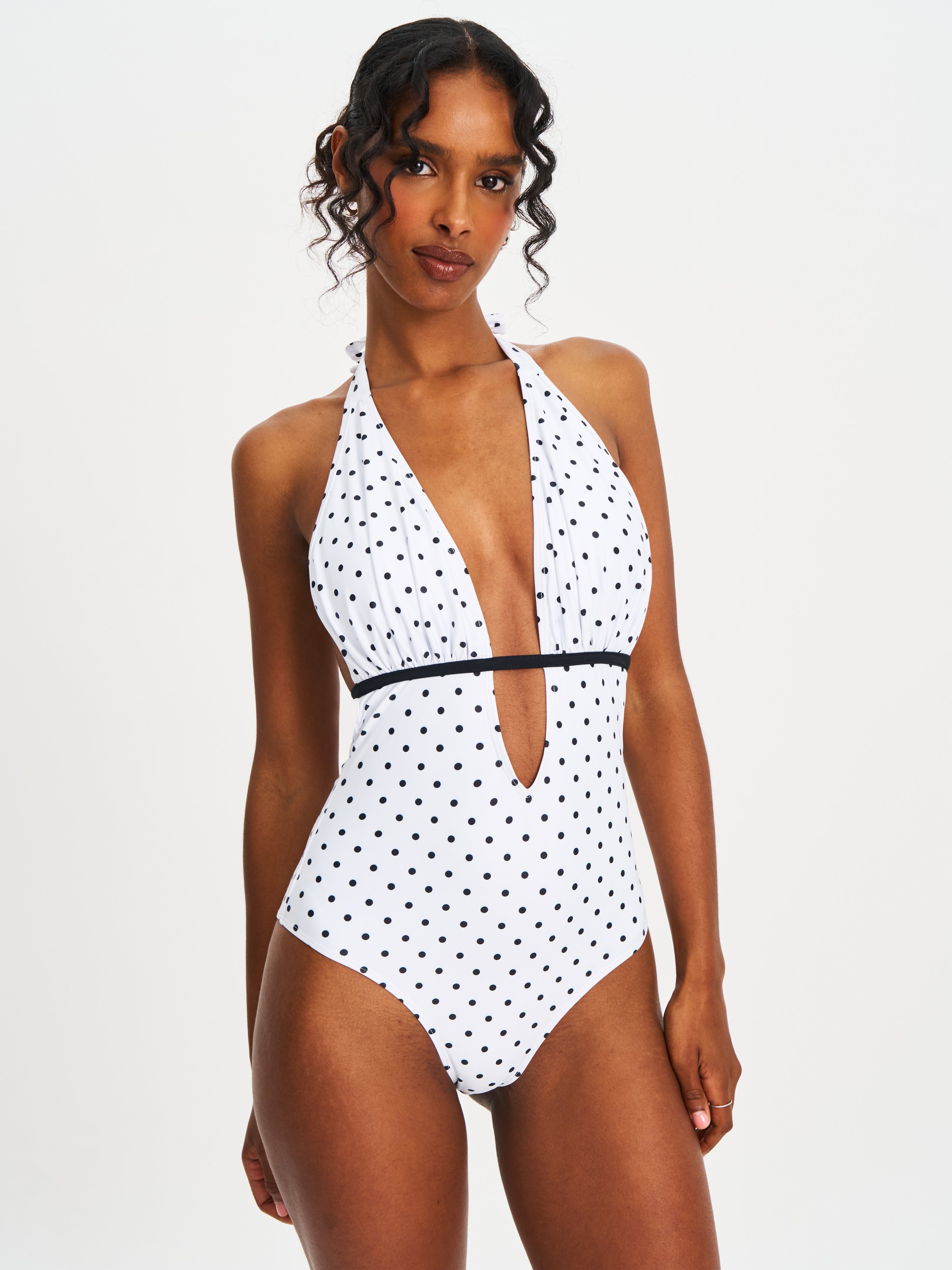 Olive Polka Dot Ruched Halter Backless Swimsuit Black White beach cruise