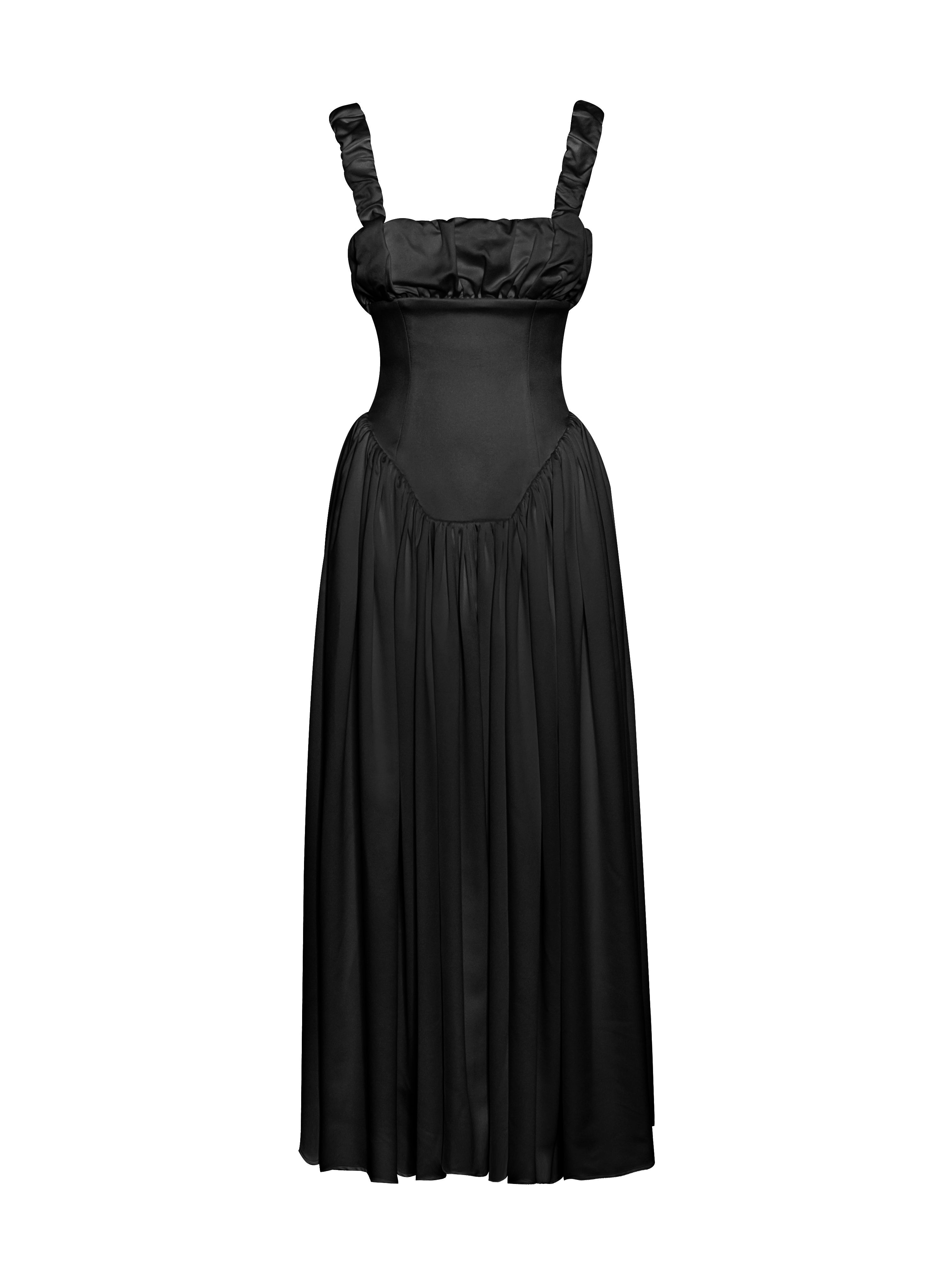 Noreen Black Satin Drop Waist Maxi Sundress Party Cocktail