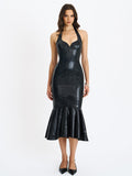 Gardenia Black Croc Leather Midi Sweetheart Halter Flared Dress