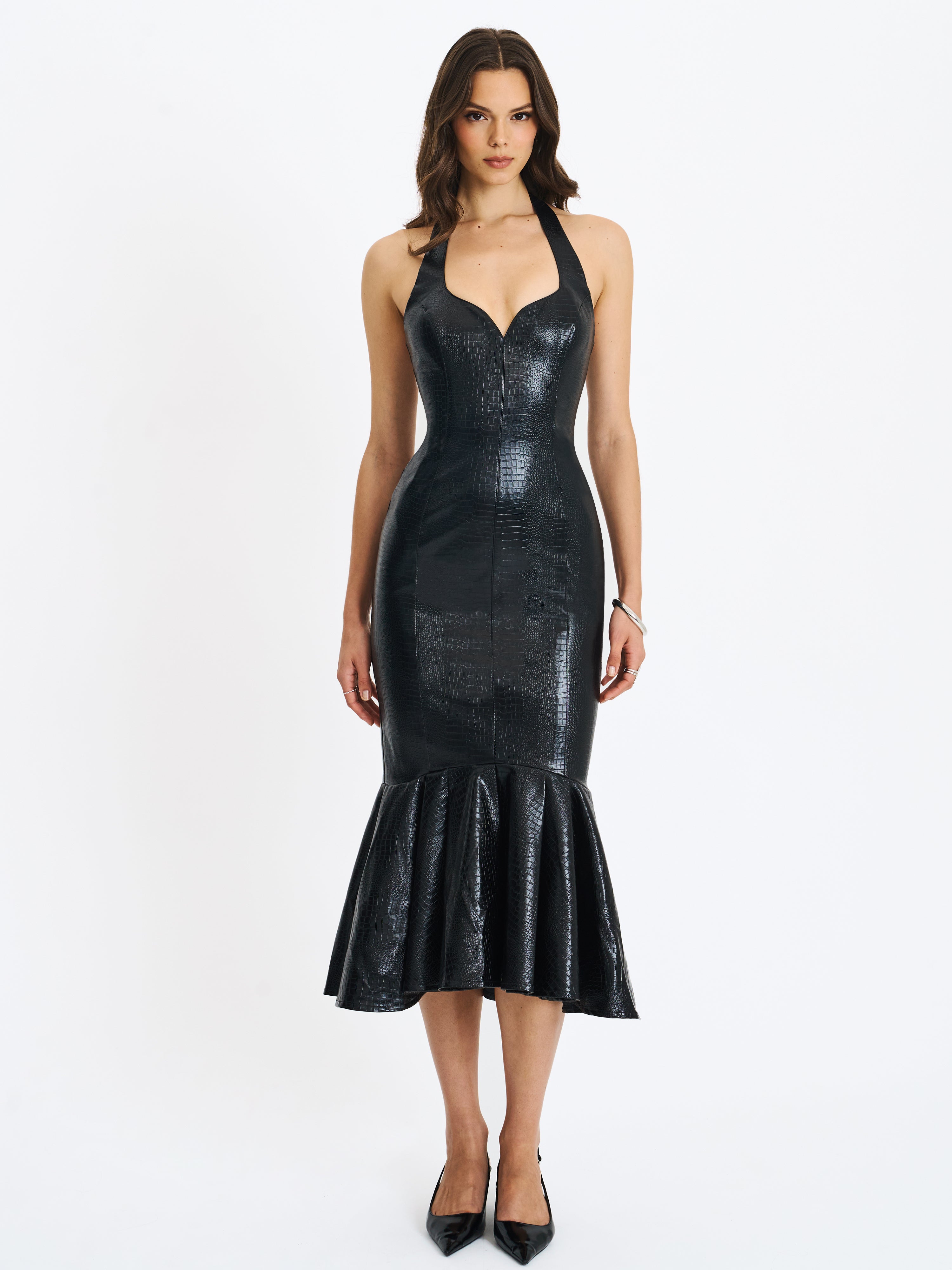Gardenia Black Croc Leather Midi Sweetheart Halter Flared Dress