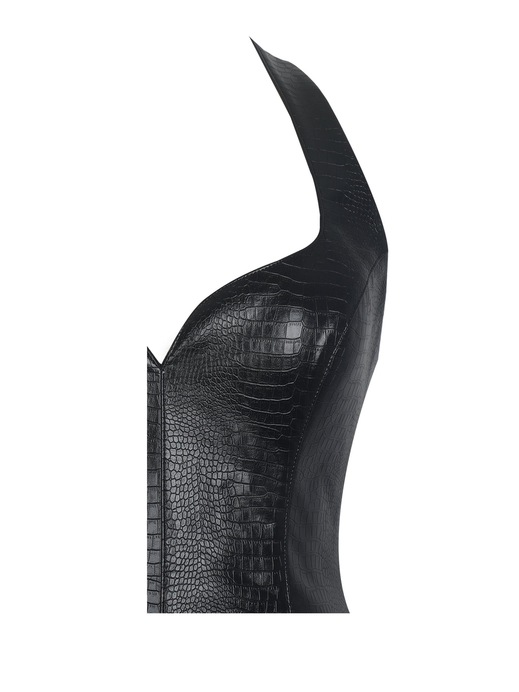 Gardenia Black Croc Leather Midi Sweetheart Halter Flared Dress