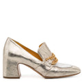 Gold/Silver metallic Leather Mid Heel block Loafer W/Chain career Madison Maison