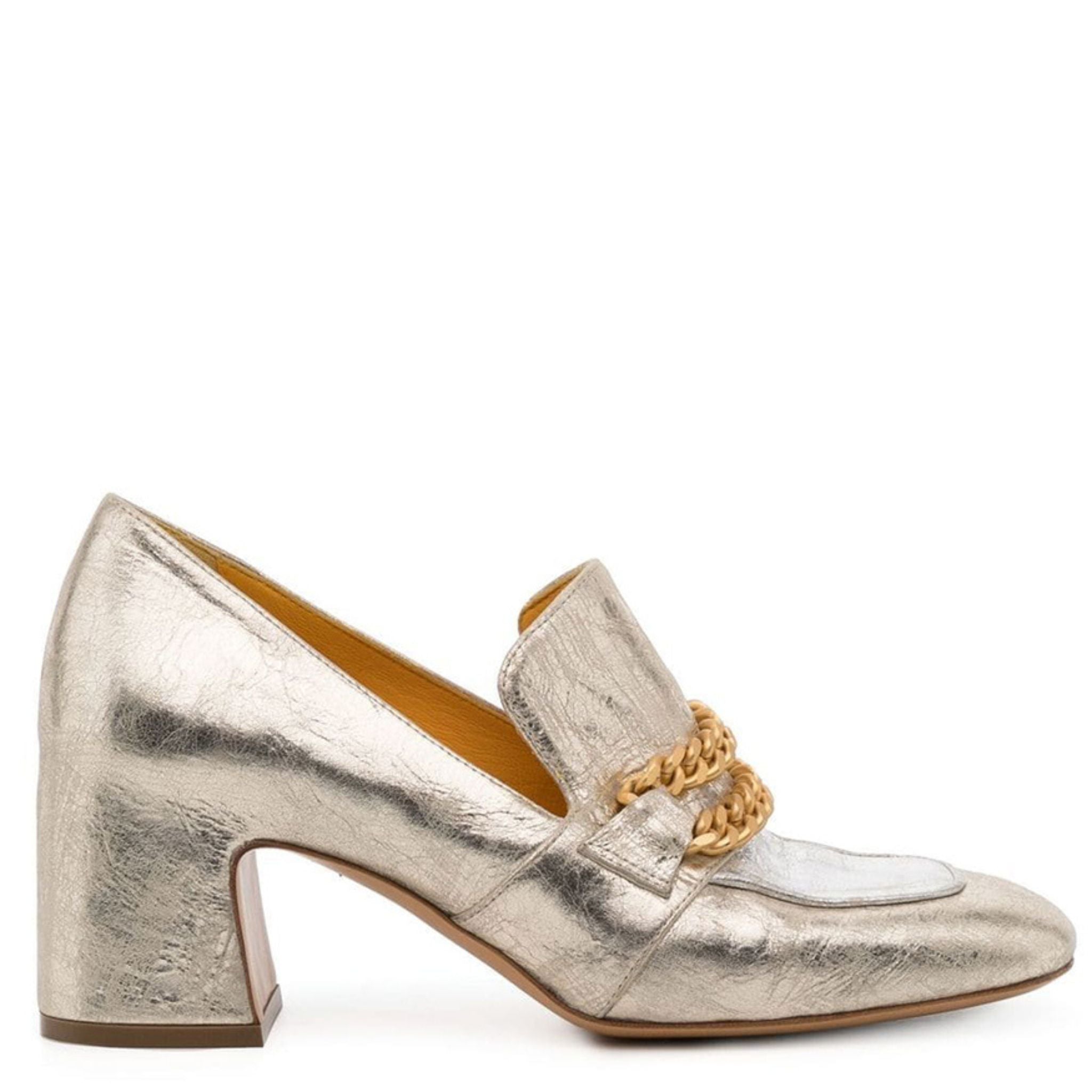 Gold/Silver metallic Leather Mid Heel block Loafer W/Chain career Madison Maison