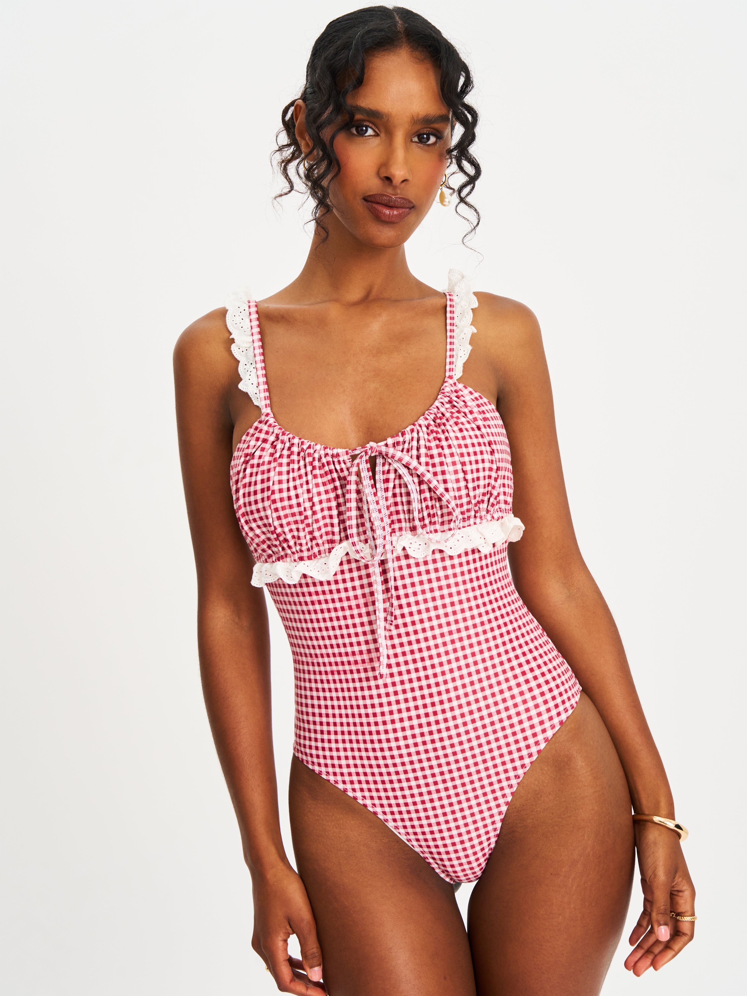 Hallie Red Checked Gingham Lace Backless Swimsuit One Piece