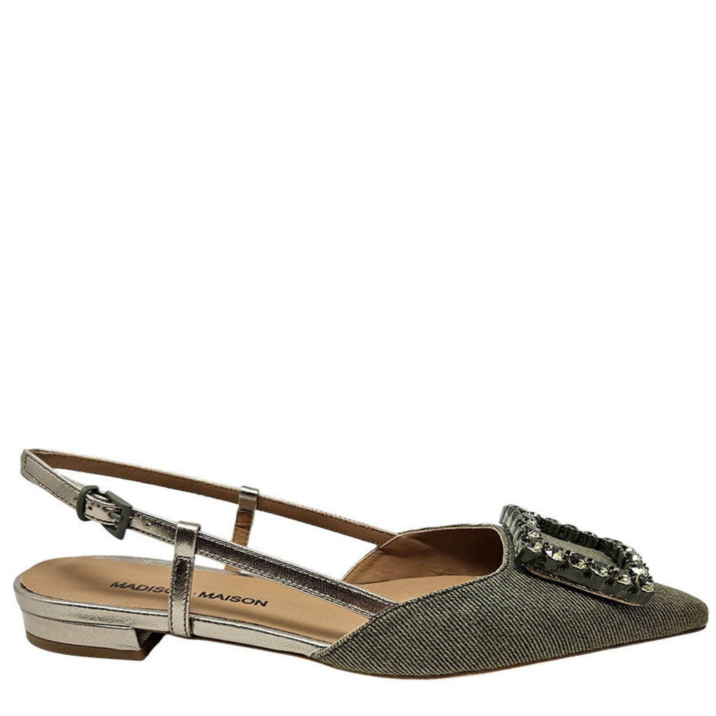 Khaki/Gold Sling Back Flat shoes career Madison Maison embellished buckle