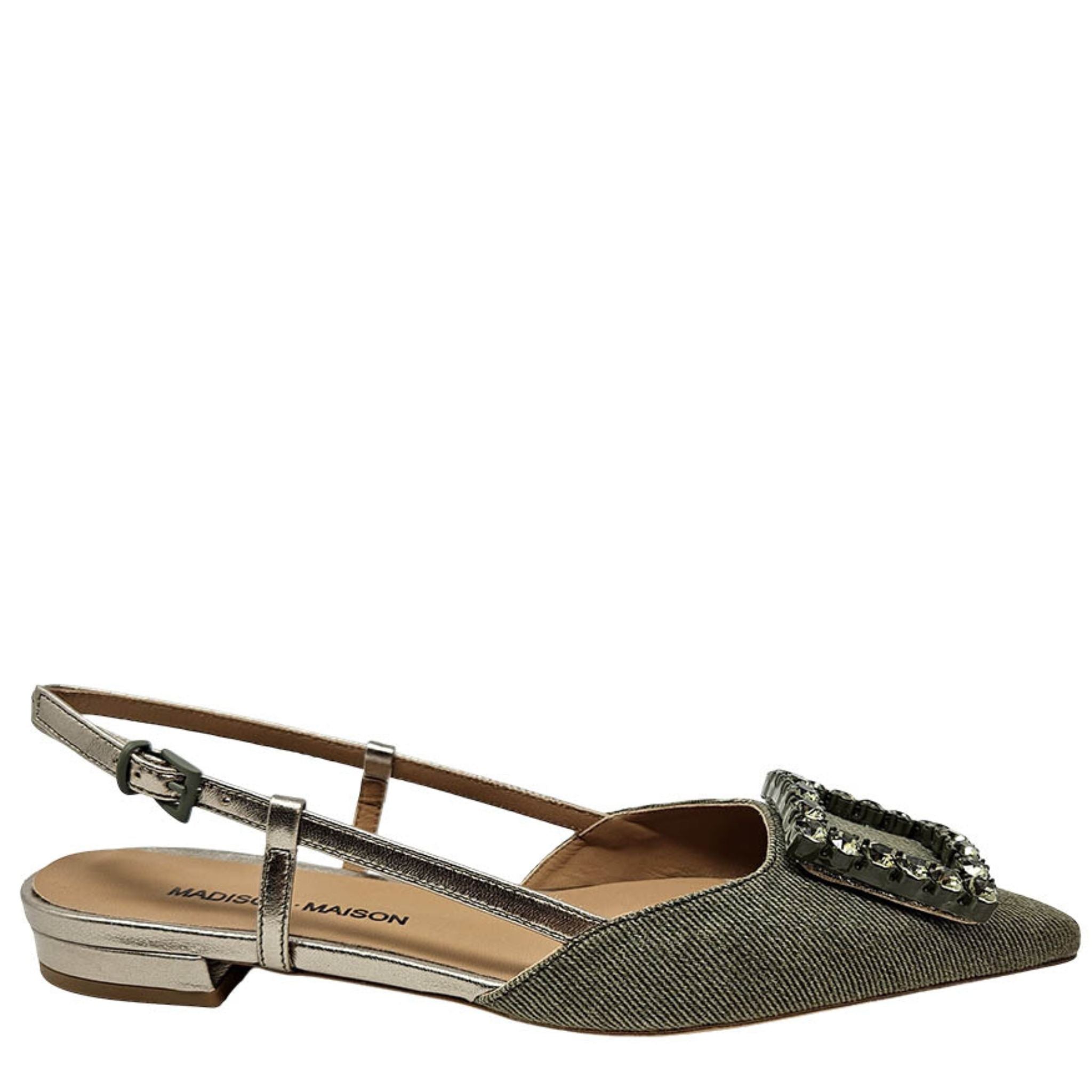 Khaki/Gold Sling Back Flat shoes career Madison Maison embellished buckle