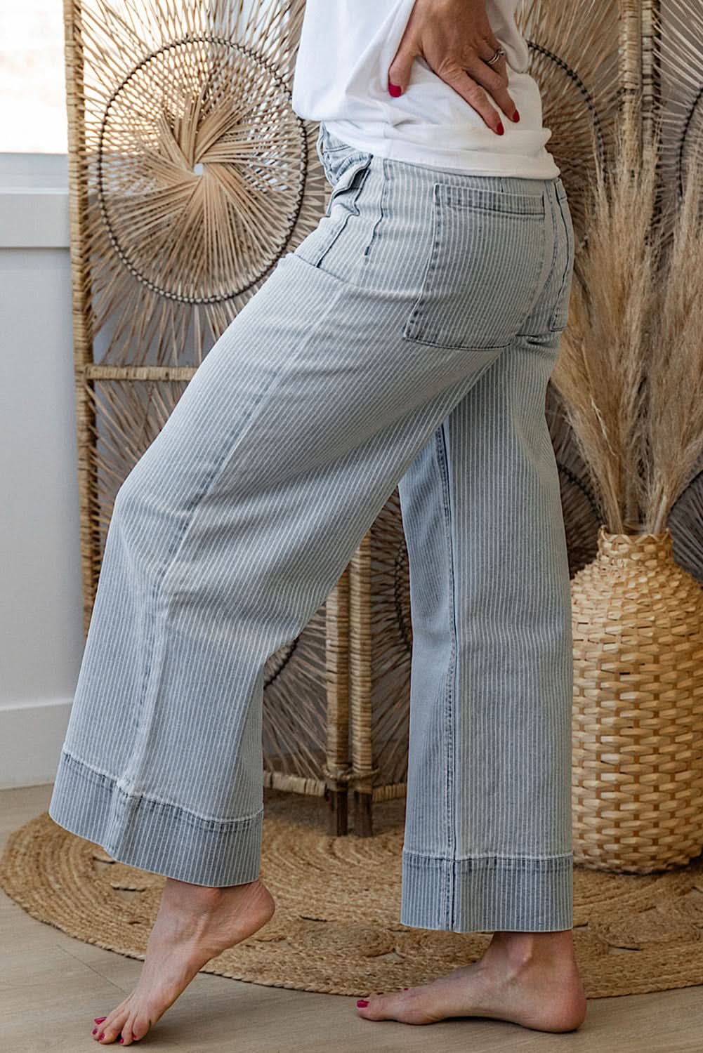 Sky Blue Striped Button Flap Pocket Wide Leg Denim Jeans Boutique