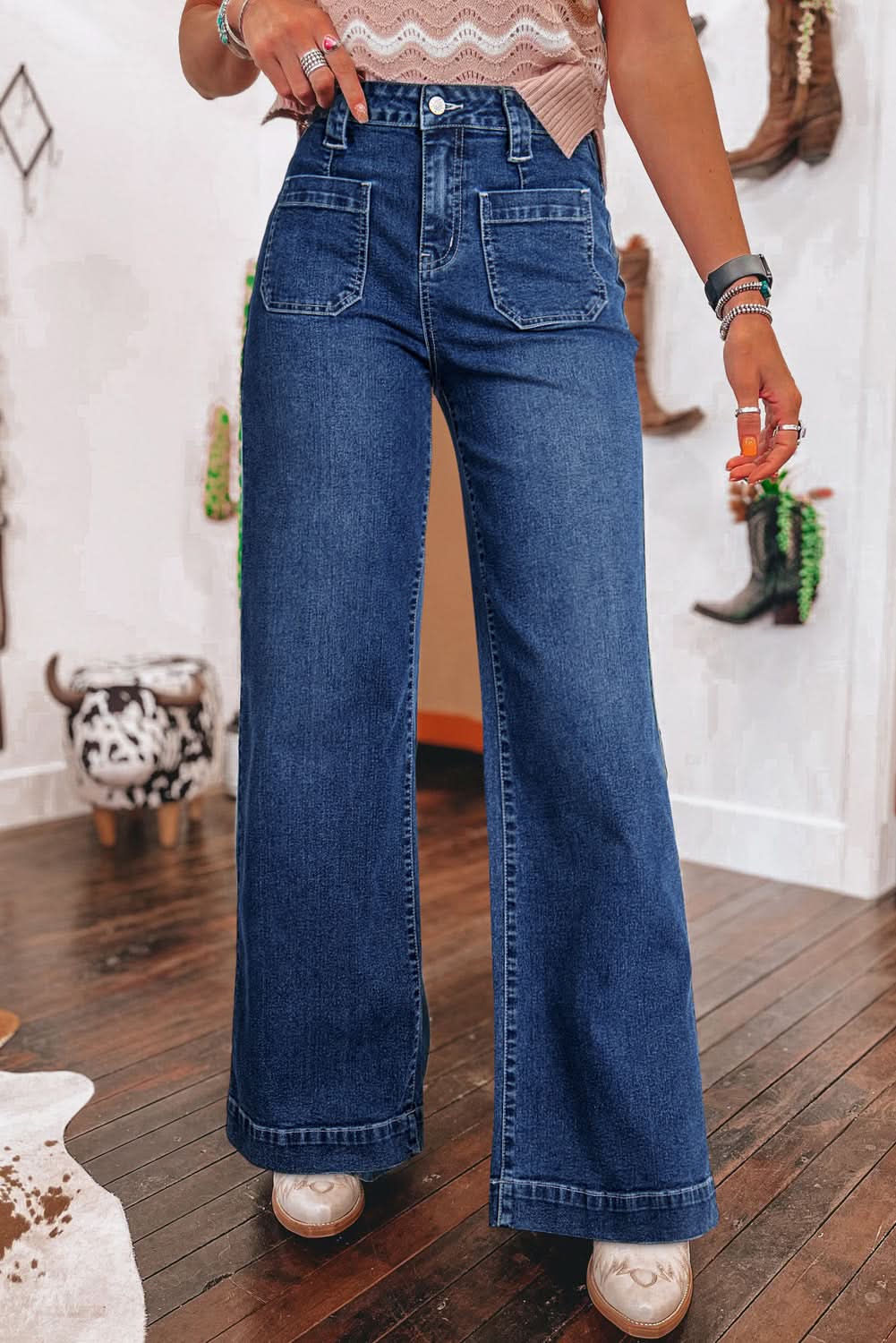 Sail Blue High Waist Wide Leg Jeans With Patch Pockets Denim