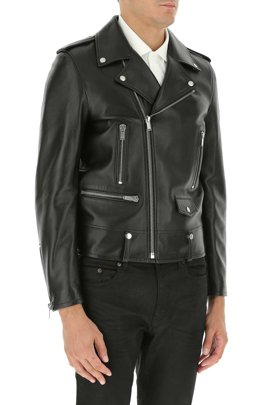 Yves Saint Laurent Men's Black Leather Jacket YSL Coat lamb Motorcycle