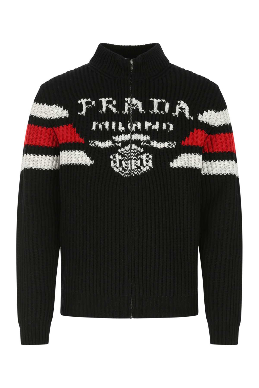 Prada Men's Black Cashmere Cardigan zip up sweater black red logo