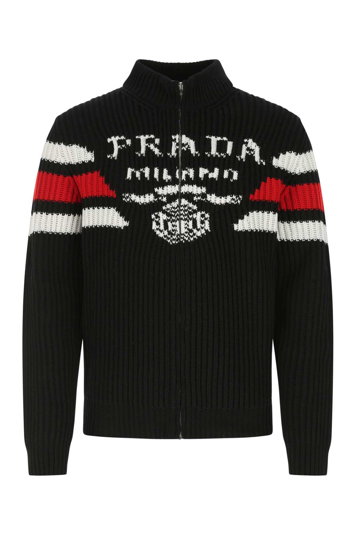 Prada Men's Black Cashmere Cardigan zip up sweater black red logo