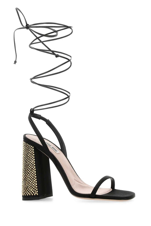 Miu Miu ladies Black Satin Heels Sandals w/ankle wrap ties shoes embellished heels
