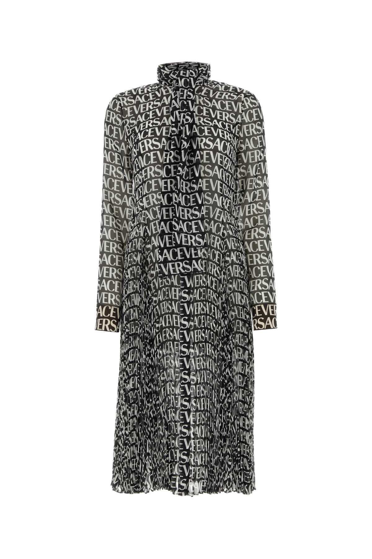 Versace Ladies Silk Printed Crepe Shirt Dress with brand printed all over