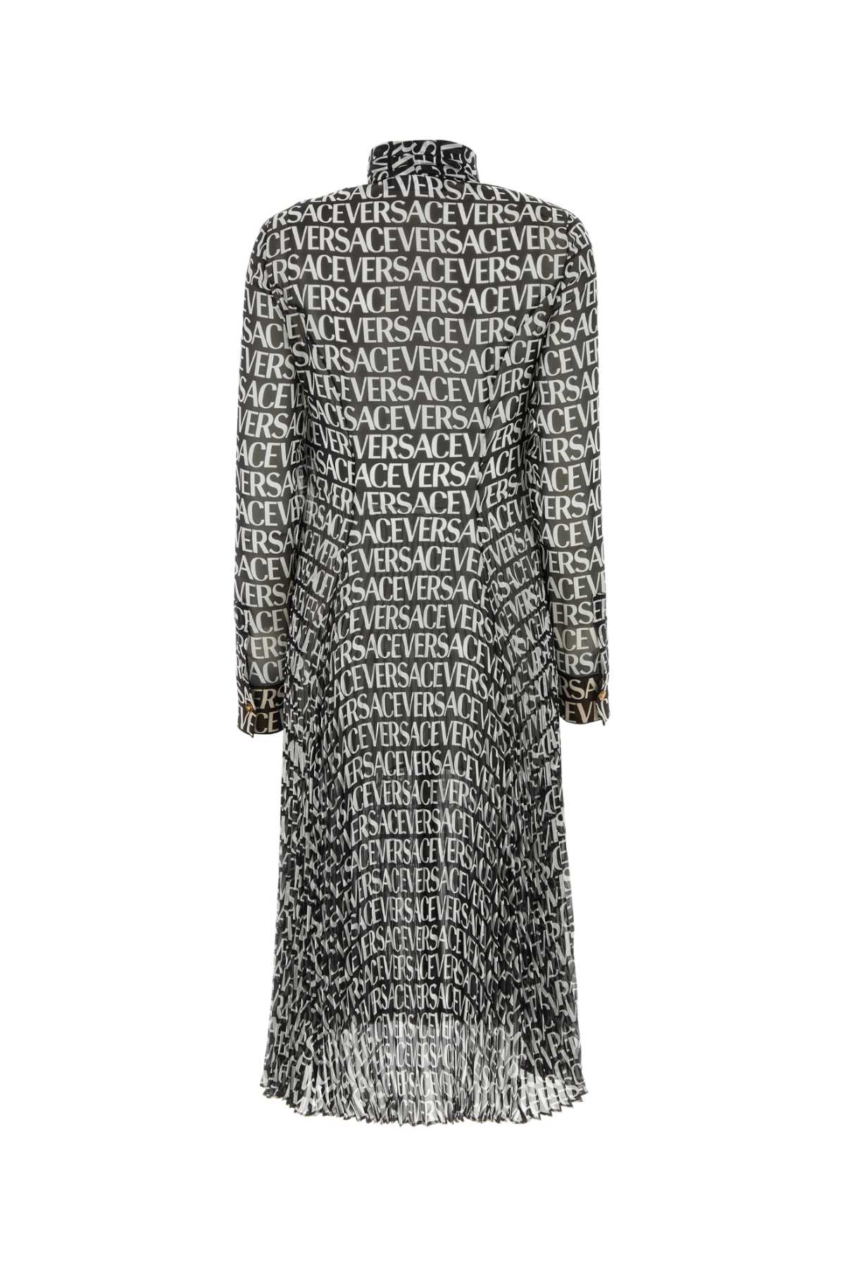 Versace Ladies Silk Printed Crepe Shirt Dress with brand printed all over