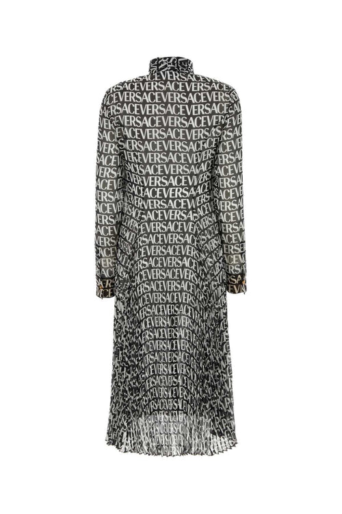 Versace Ladies Silk Printed Crepe Shirt Dress with brand printed all over