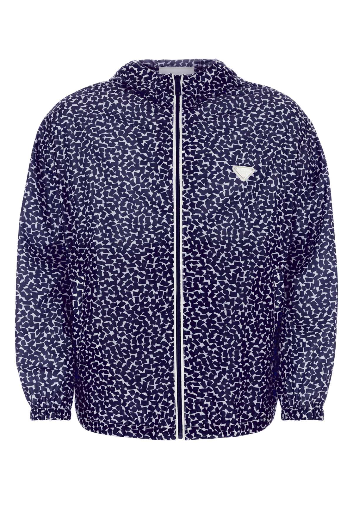 Prada Men's Printed Re-Nylon Windbreaker navy blue jacket coat w/hood