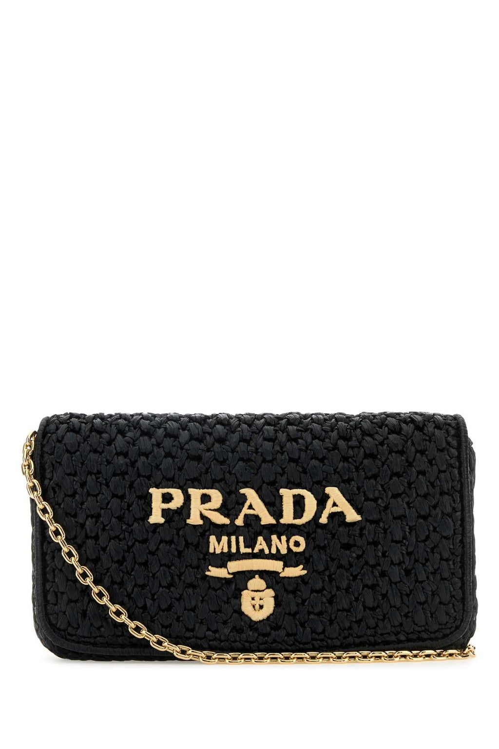 Prada ladies Black Raffia Crossbody Bag purse handbag gold logo