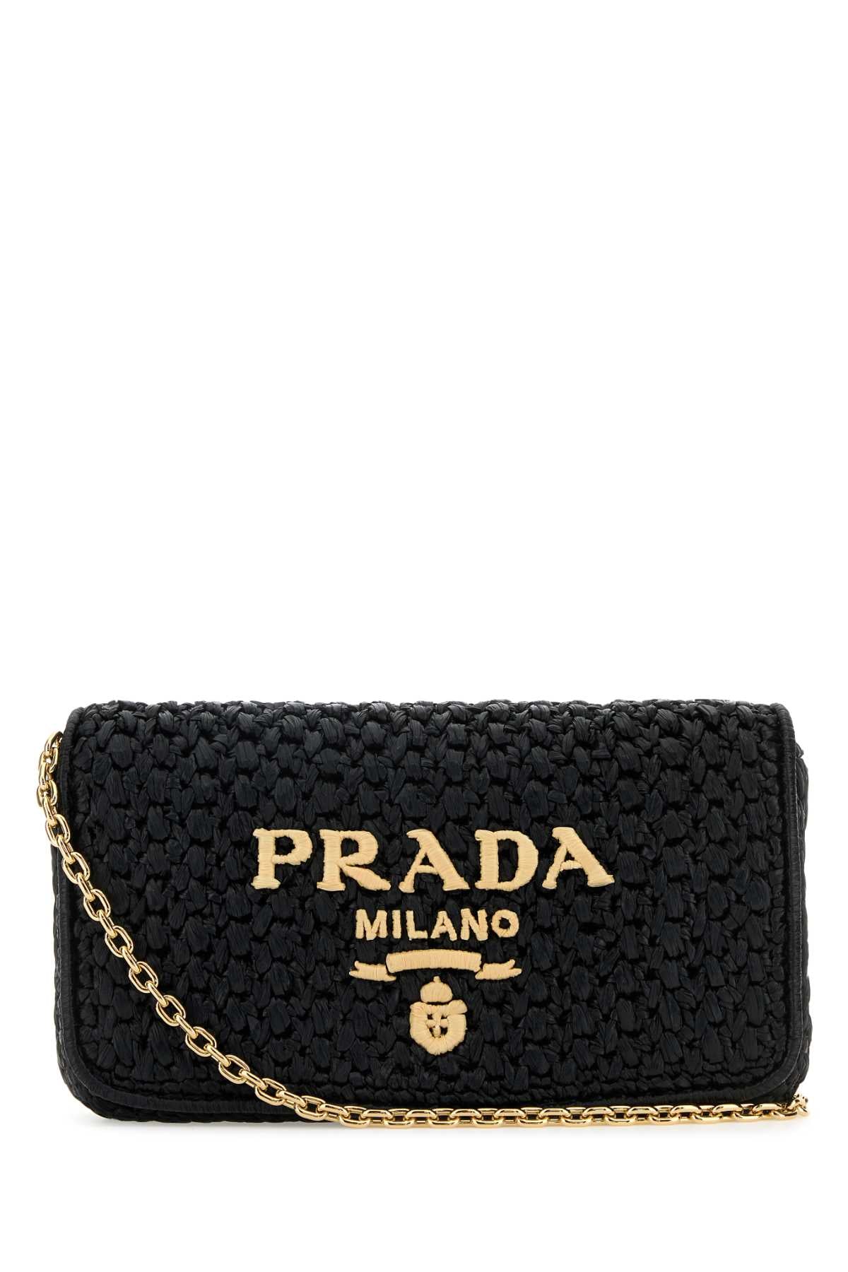 Prada ladies Black Raffia Crossbody Bag purse handbag gold logo