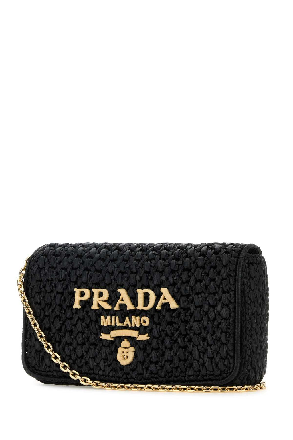 Prada ladies Black Raffia Crossbody Bag purse handbag gold logo