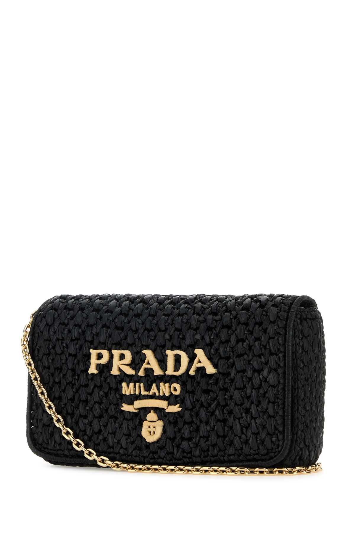 Prada ladies Black Raffia Crossbody Bag purse handbag gold logo