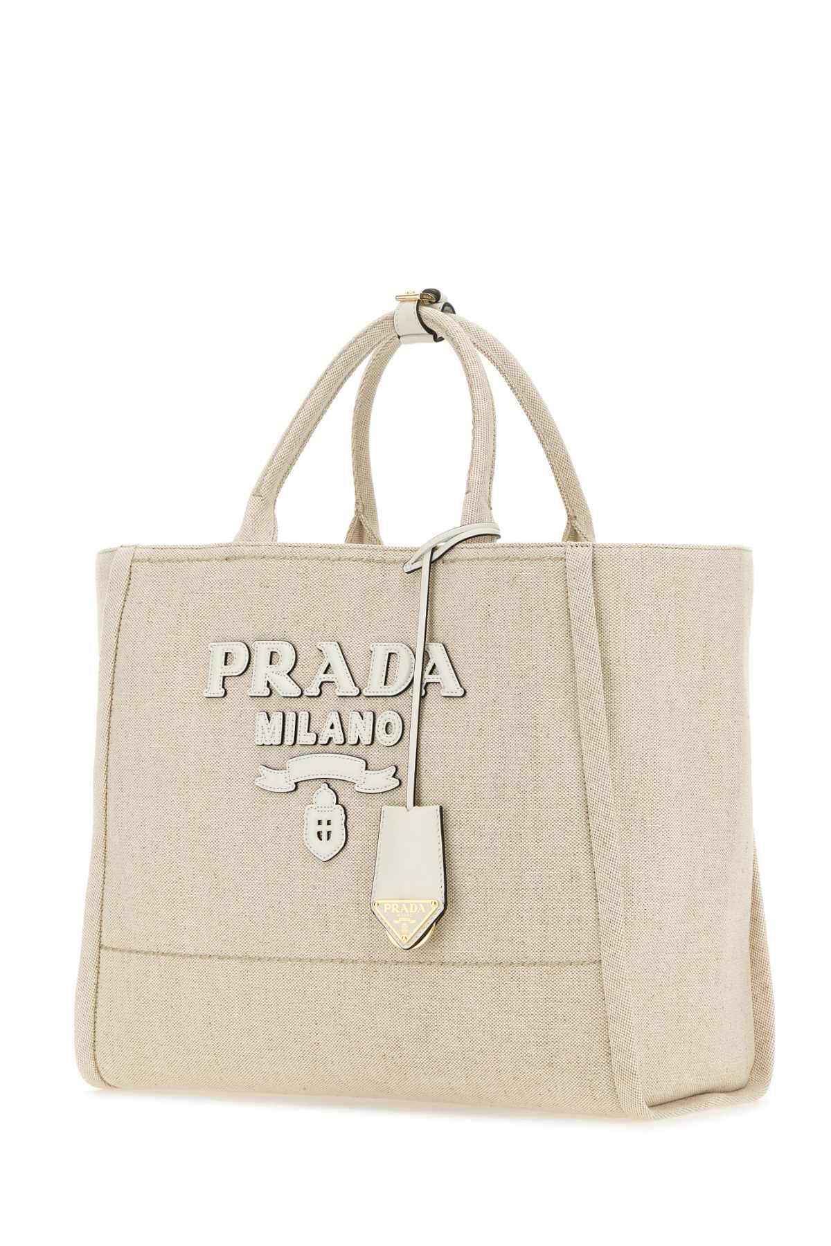 Prada Ladies Sand Canvas Shopping Bag Tote Purse Handbag