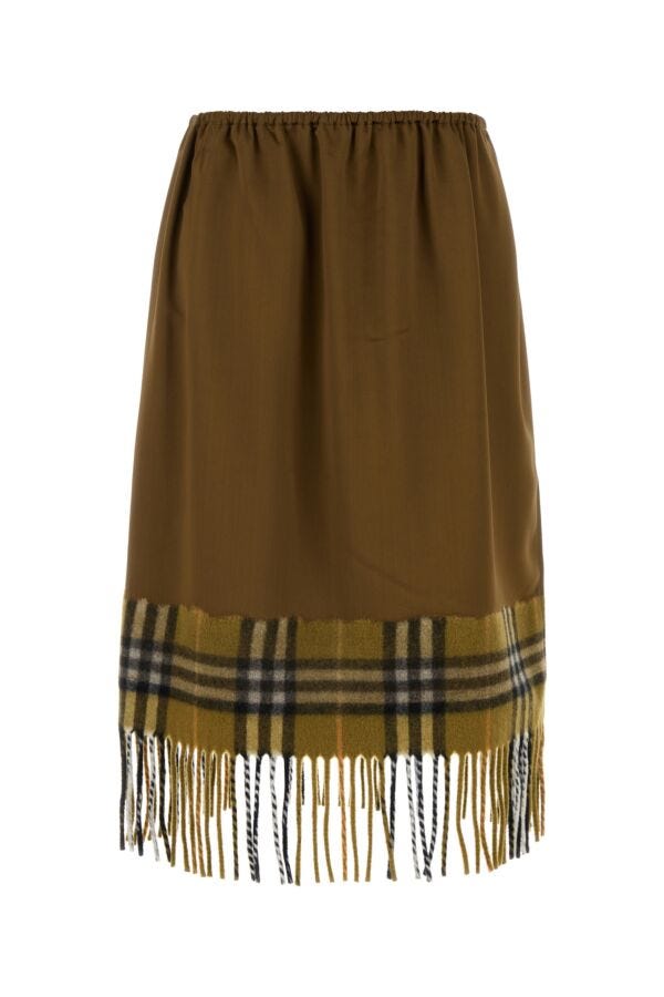 Burberry ladies Biscuit Satin Skirt fringed with plaid trim