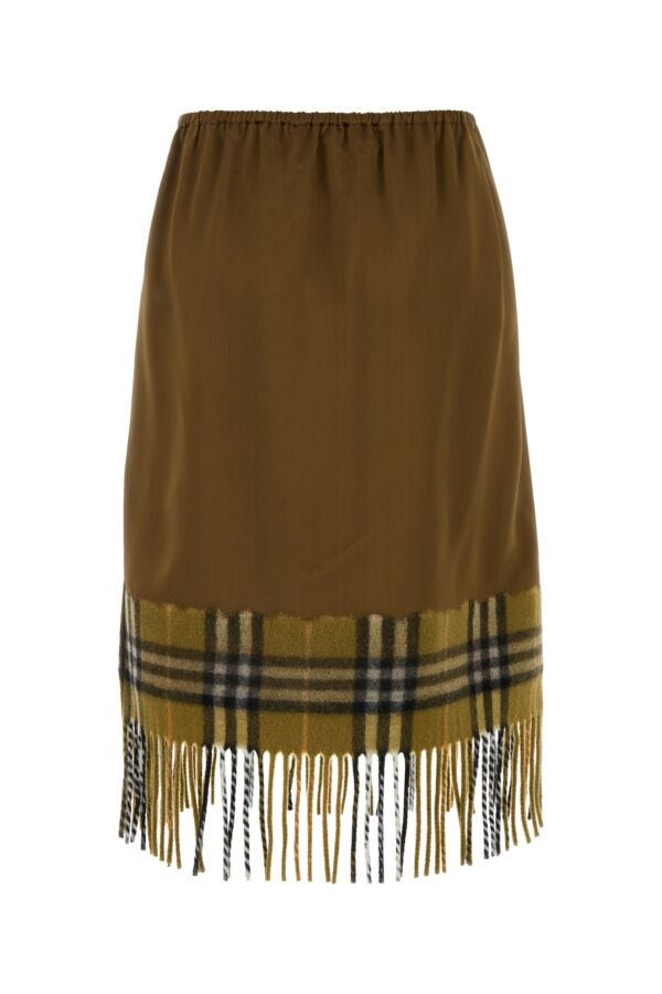 Burberry ladies Biscuit Satin Skirt fringed with plaid trim