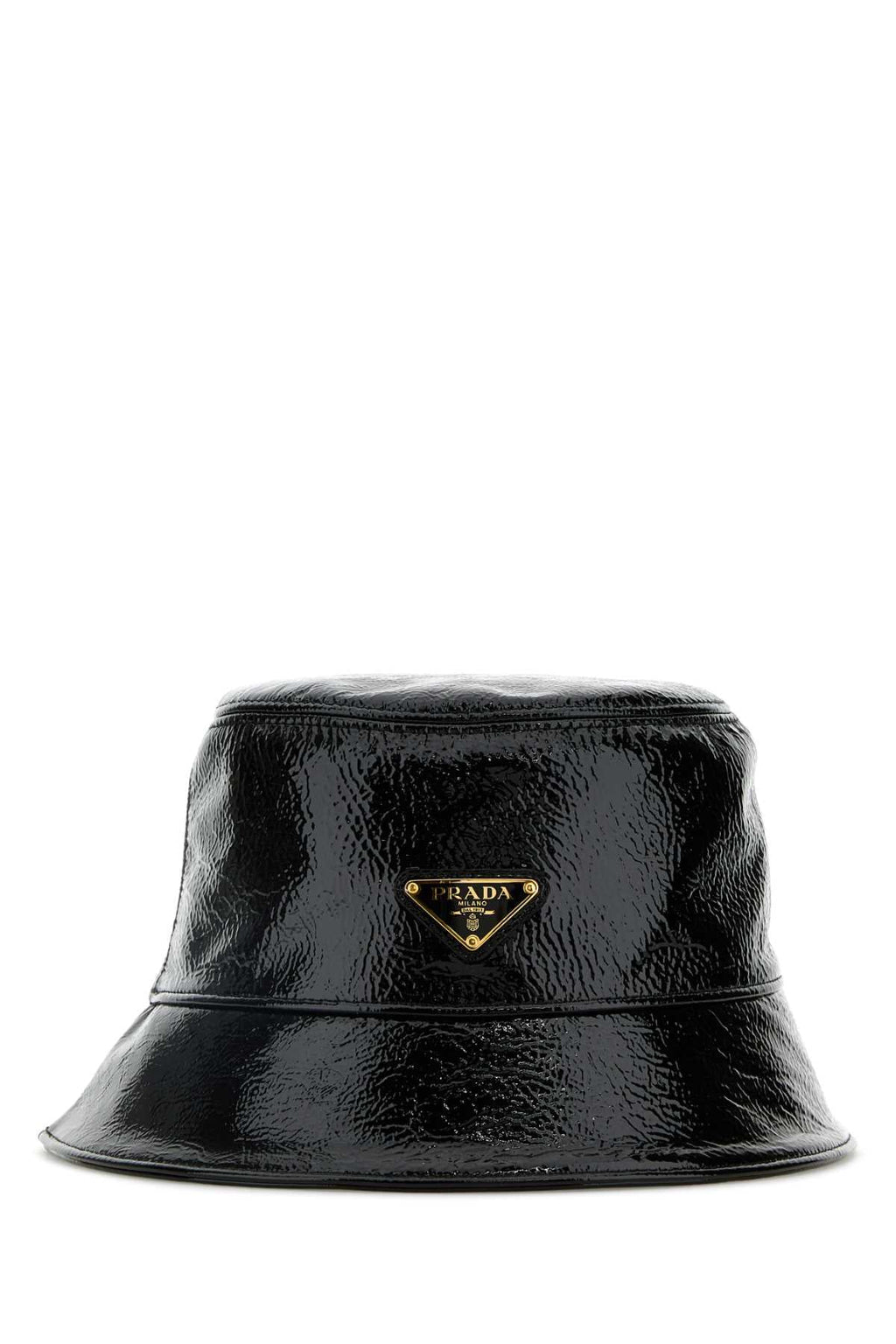 Prada ladies Black Naplak Bucket Hat with logo plaque leather