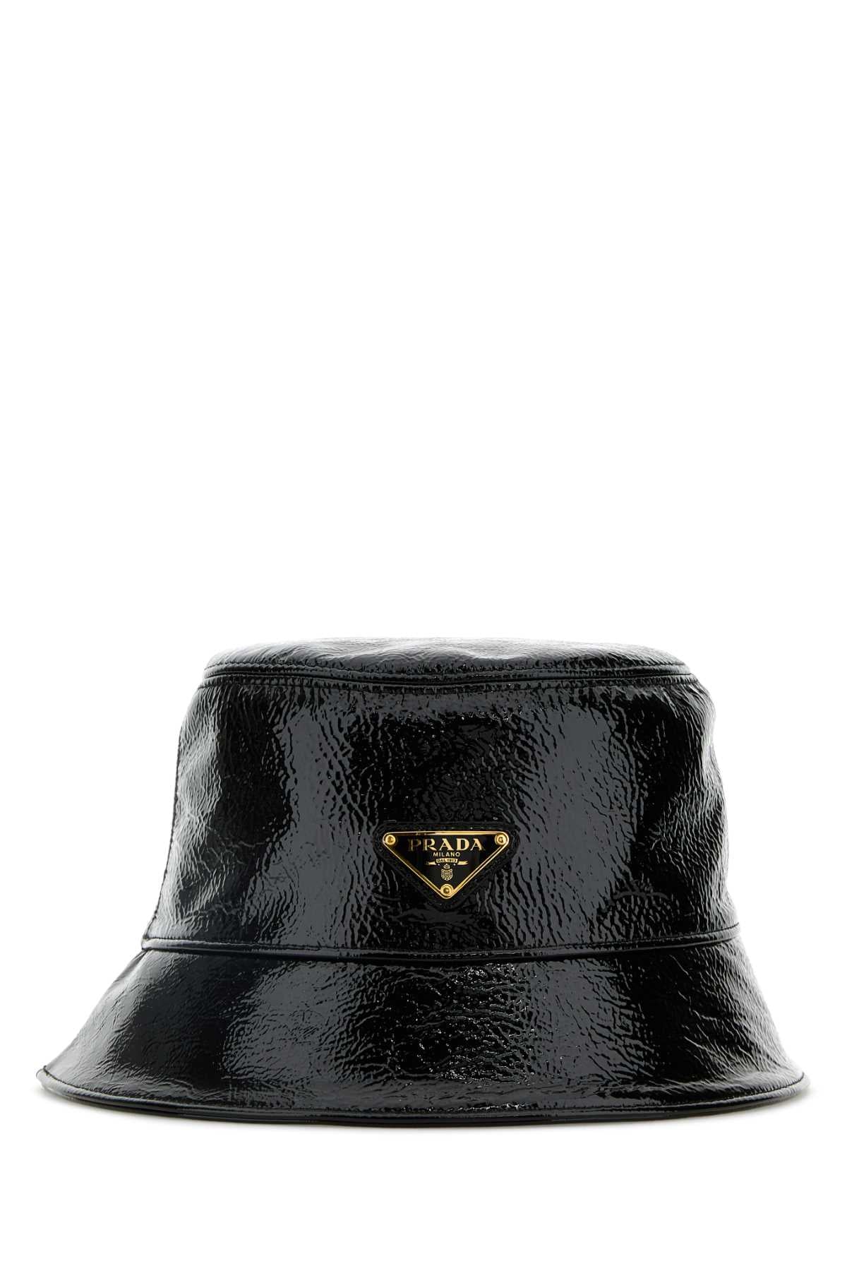 Prada ladies Black Naplak Bucket Hat with logo plaque leather