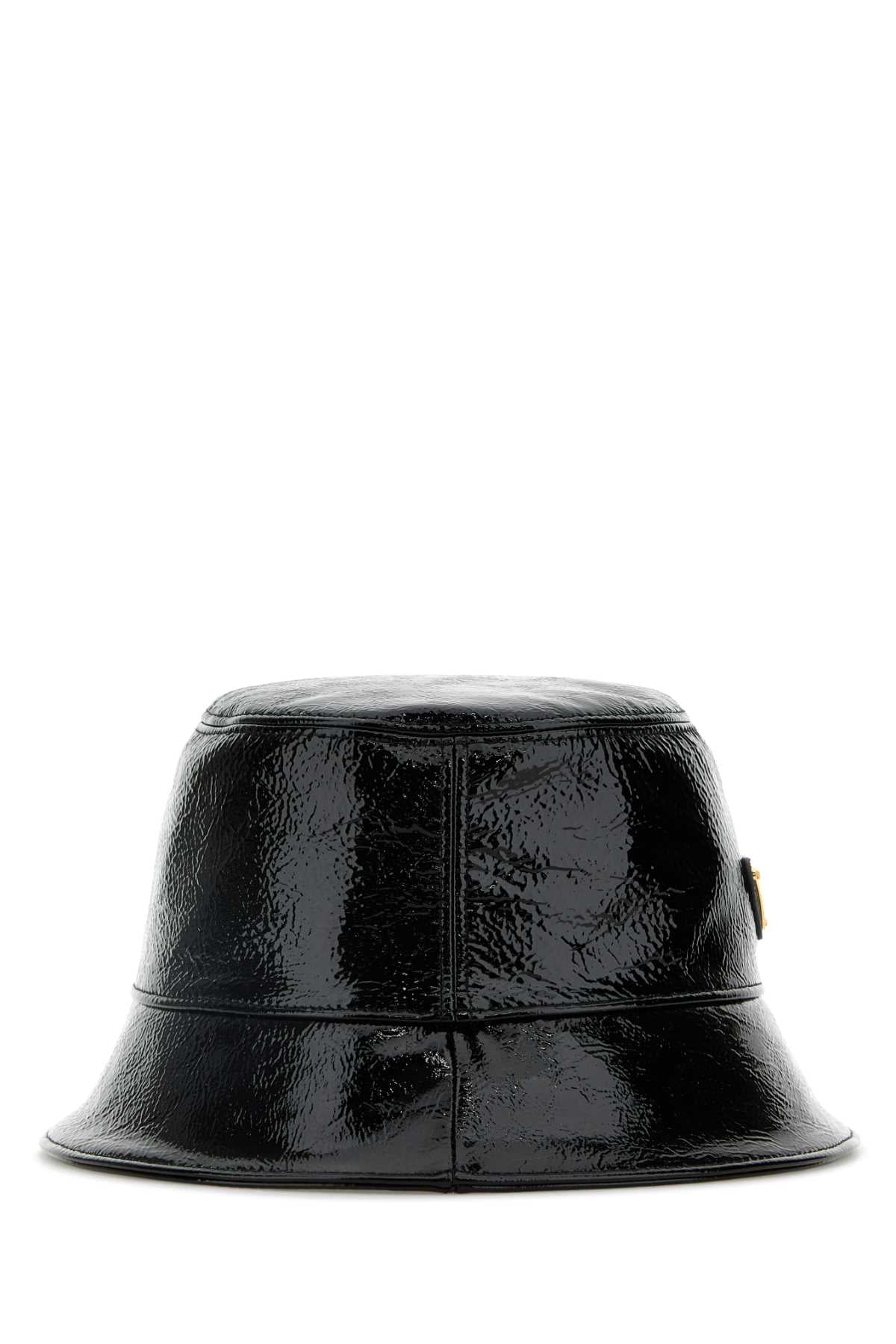 Prada ladies Black Naplak Bucket Hat with logo plaque leather