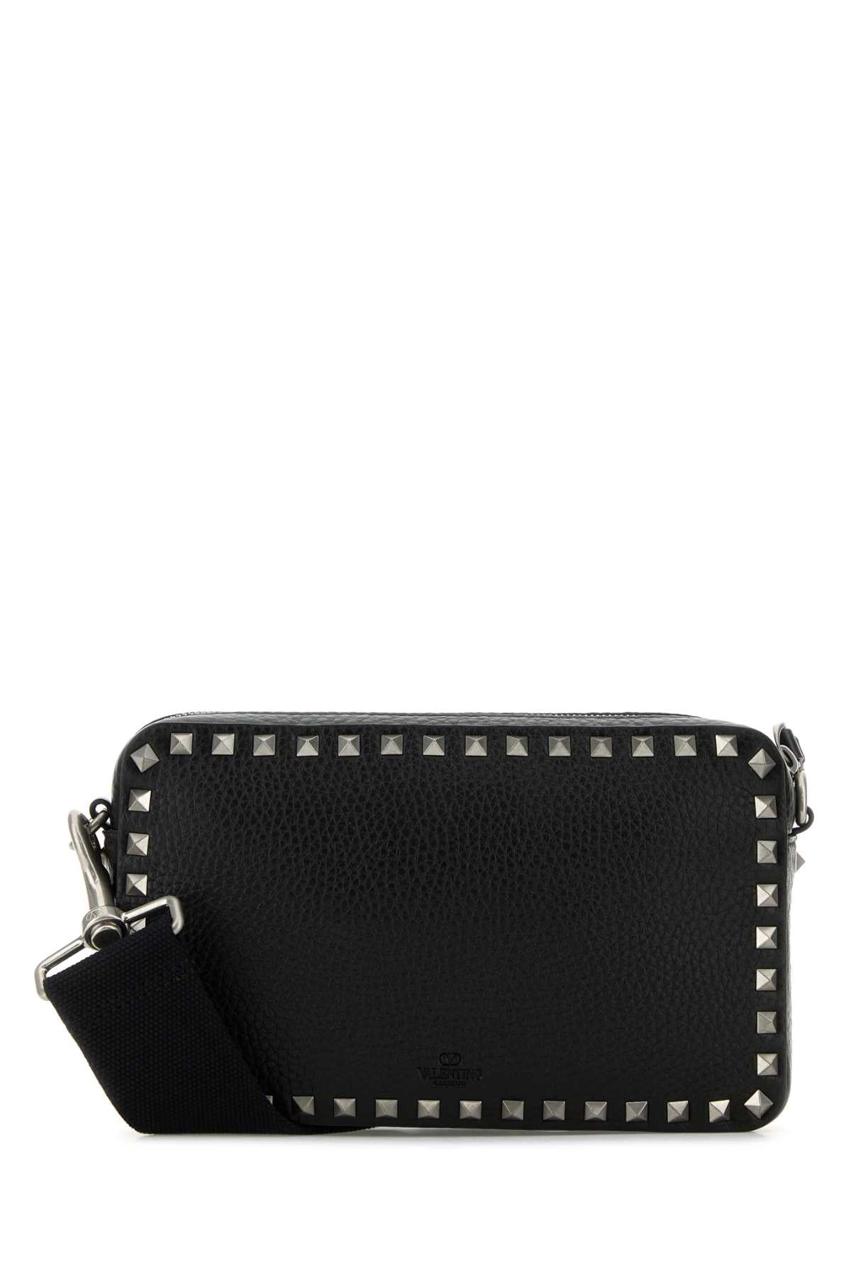 Valentino Garavani Men's Black Leather Rockstud Crossbody Bag silver studded