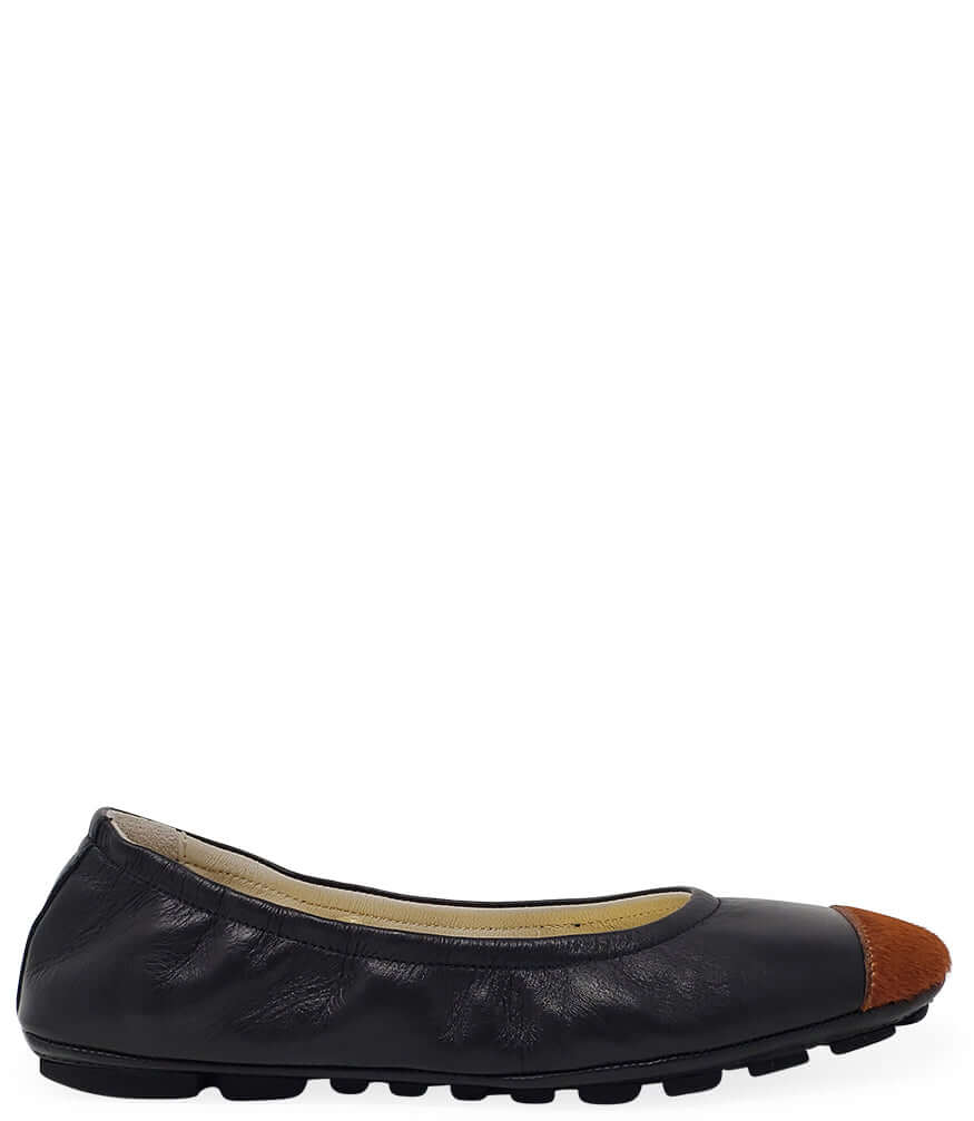 Black leather/Tan Calf Hair Tip Ballet Flat shoes comfort Madison Maison Italy