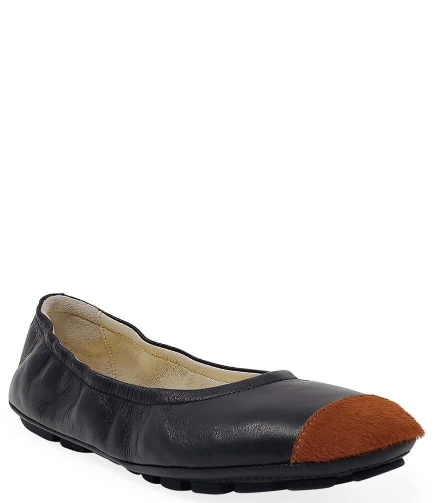 Black leather/Tan Calf Hair Tip Ballet Flat shoes comfort Madison Maison Italy