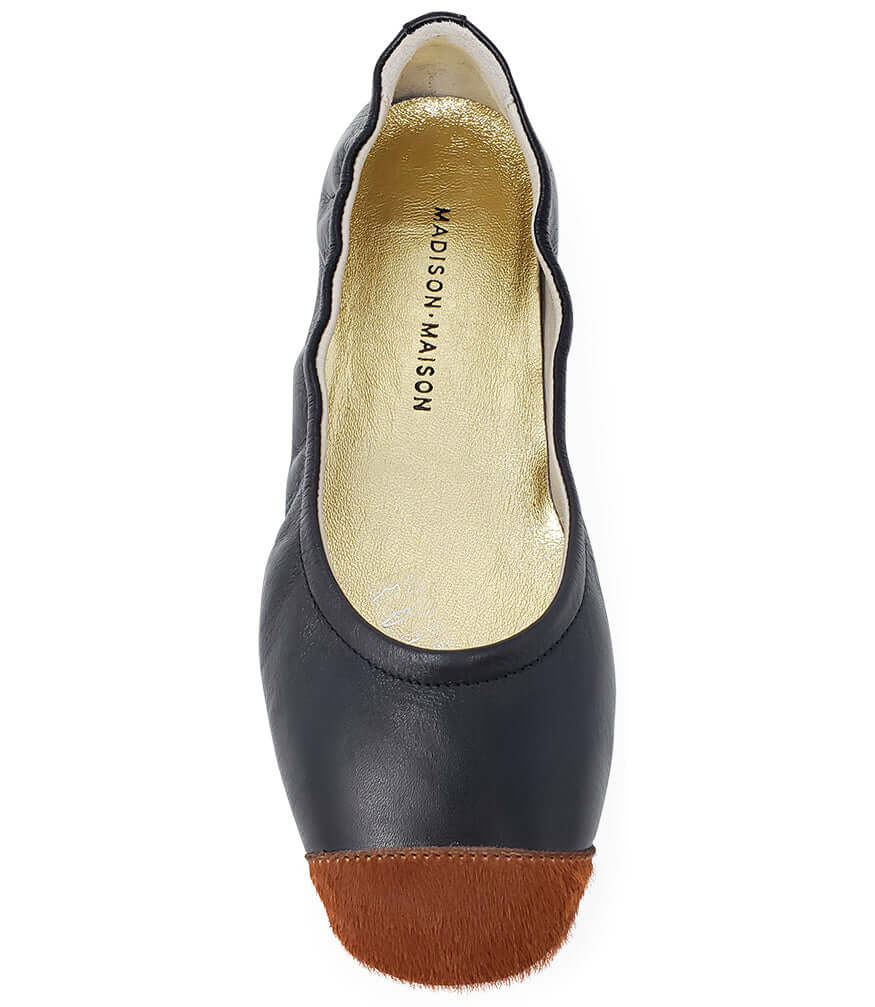 Black leather/Tan Calf Hair Tip Ballet Flat shoes comfort Madison Maison Italy