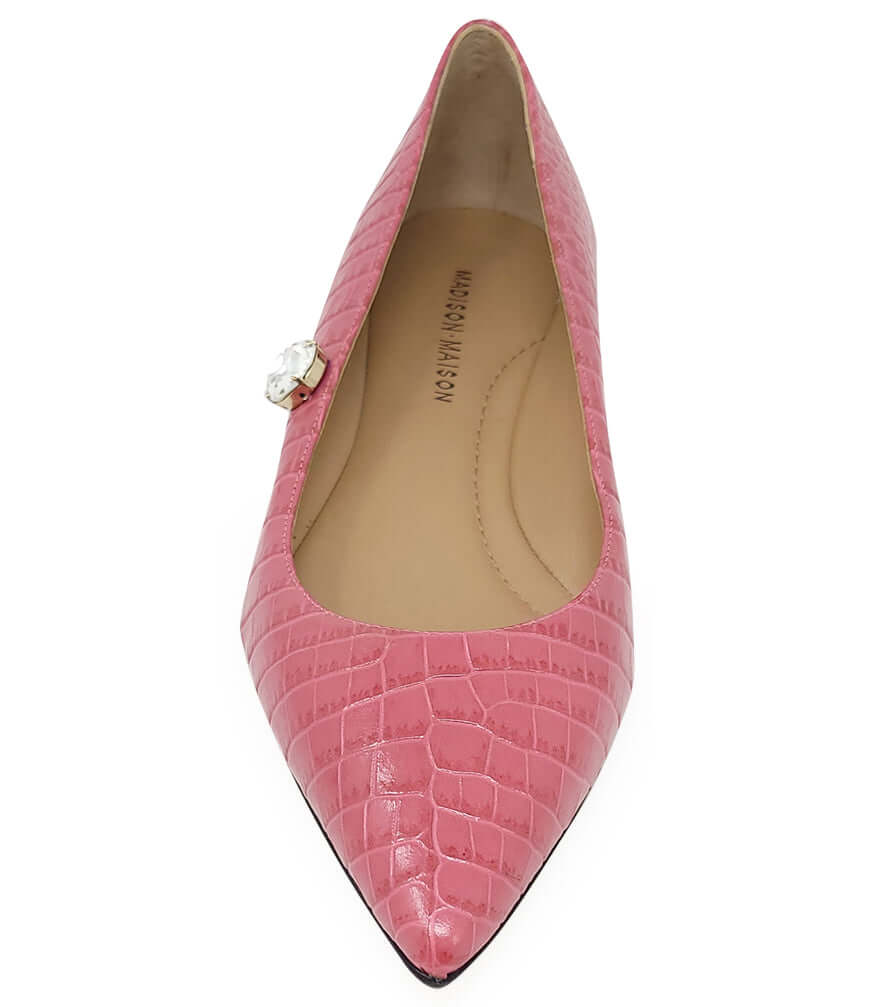 Pink Leather Croc Print Flat Shoes Italy Madison Maison