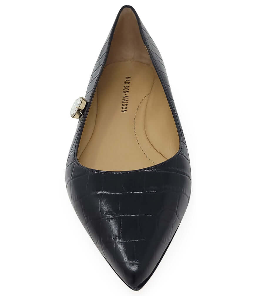 Black Leather Croc Print Flat Pointy Ballet shoes Madison Maison career
