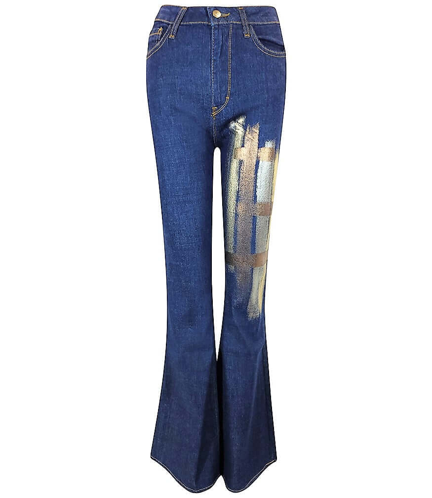 DARK BLUE COTTON FLARE JEANS metallic design Madison Maison Italy denim