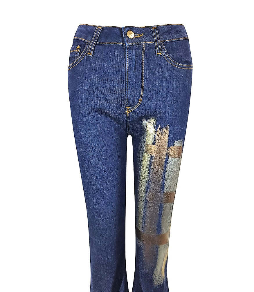 DARK BLUE COTTON FLARE JEANS metallic design Madison Maison Italy denim