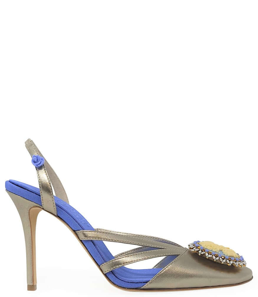 Blue Gold Leather Cameo High Heel Slingback shoes metallic Madison Maison
