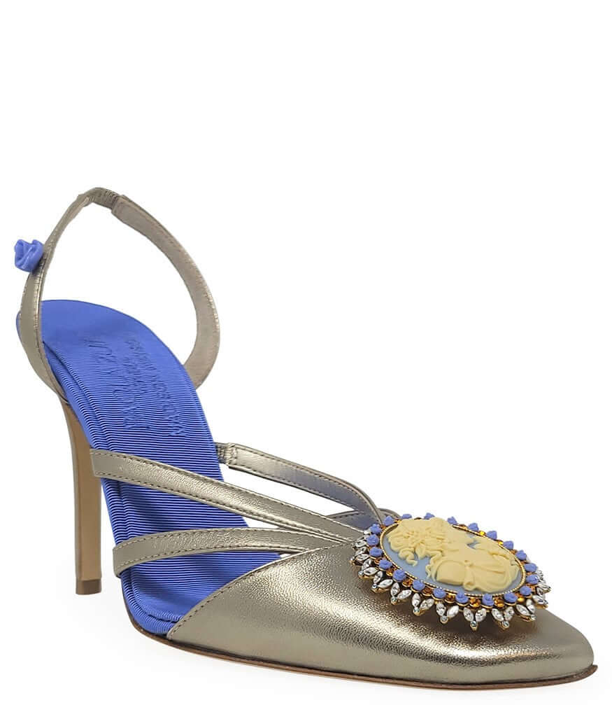 Blue Gold Leather Cameo High Heel Slingback shoes metallic Madison Maison