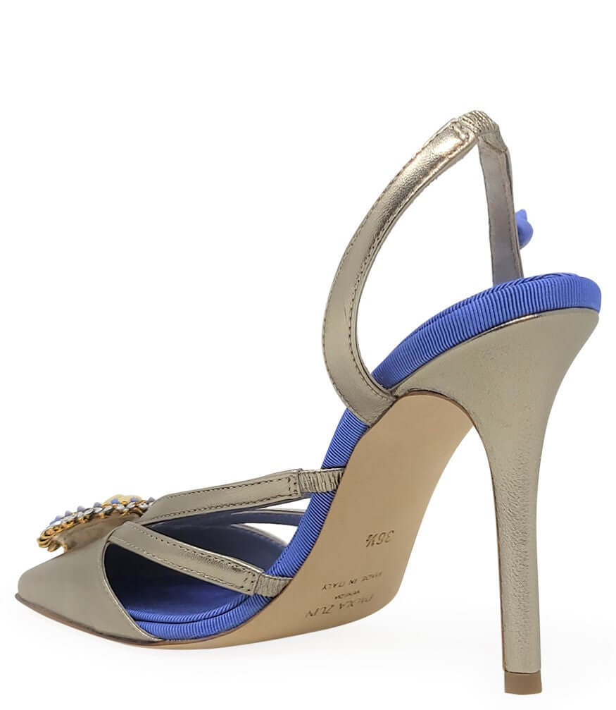 Blue Gold Leather Cameo High Heel Slingback shoes metallic Madison Maison