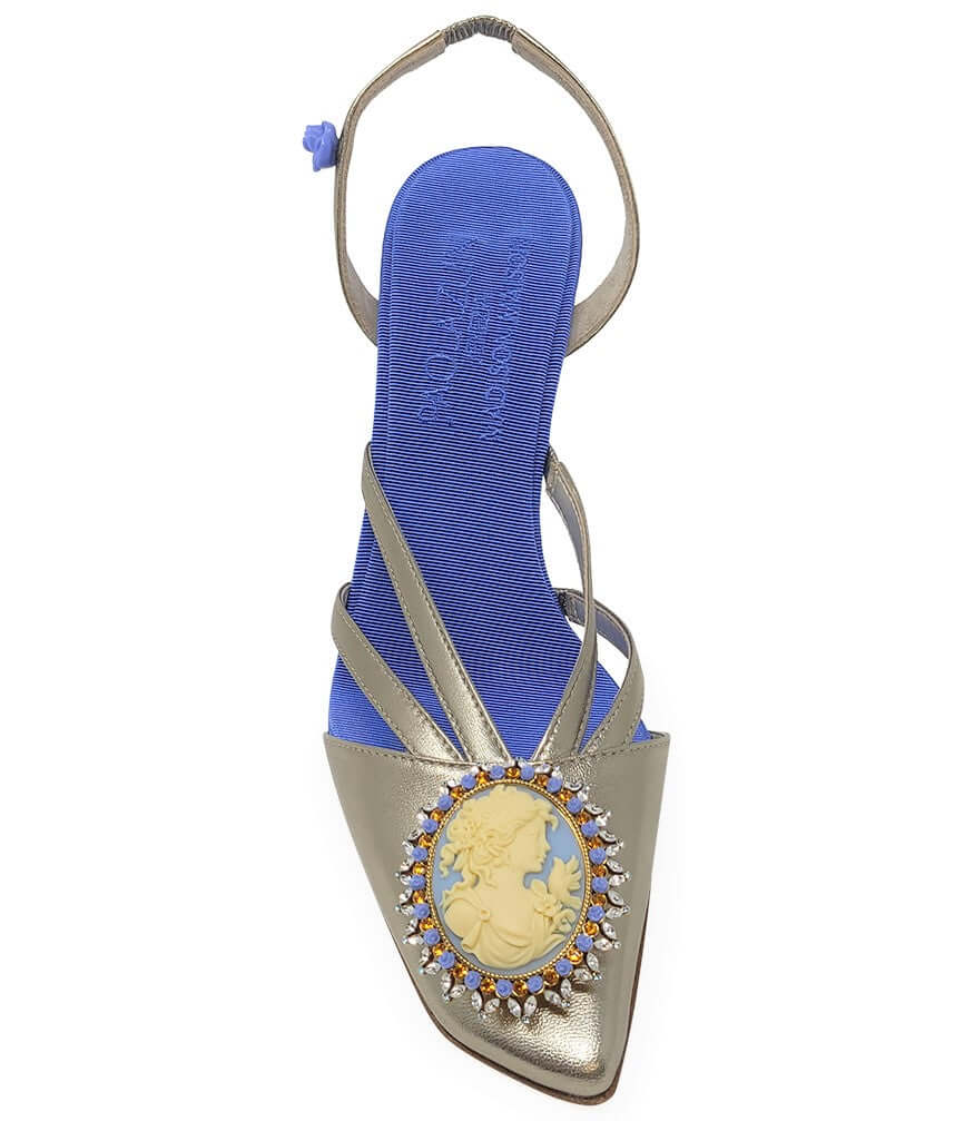 Blue Gold Leather Cameo High Heel Slingback shoes metallic Madison Maison