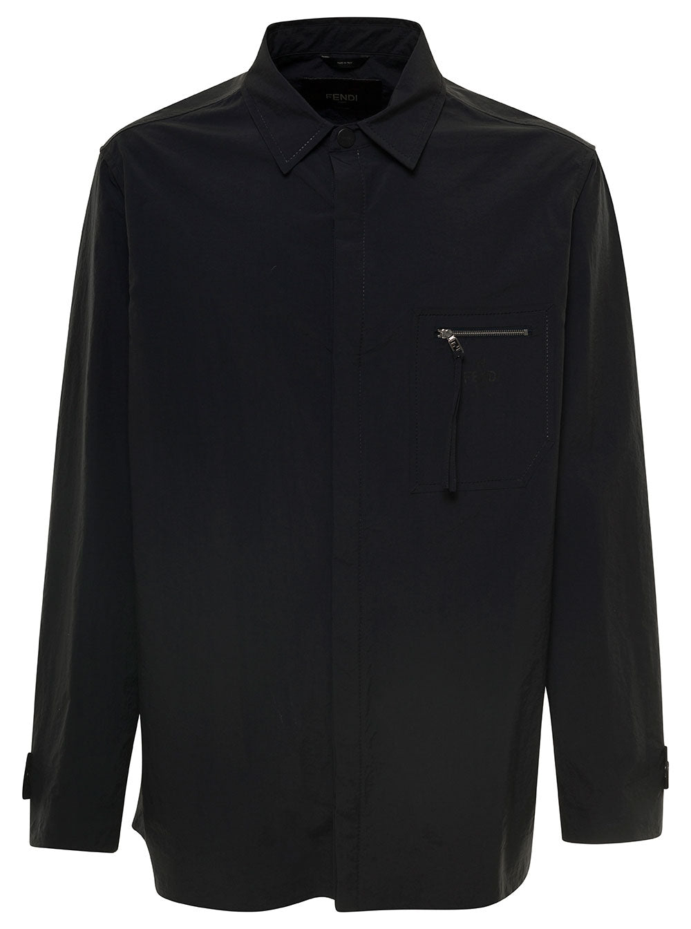 Fendi Men's Navy Jacket With Patch Zipped Pocket & Logo In Nylon Coat