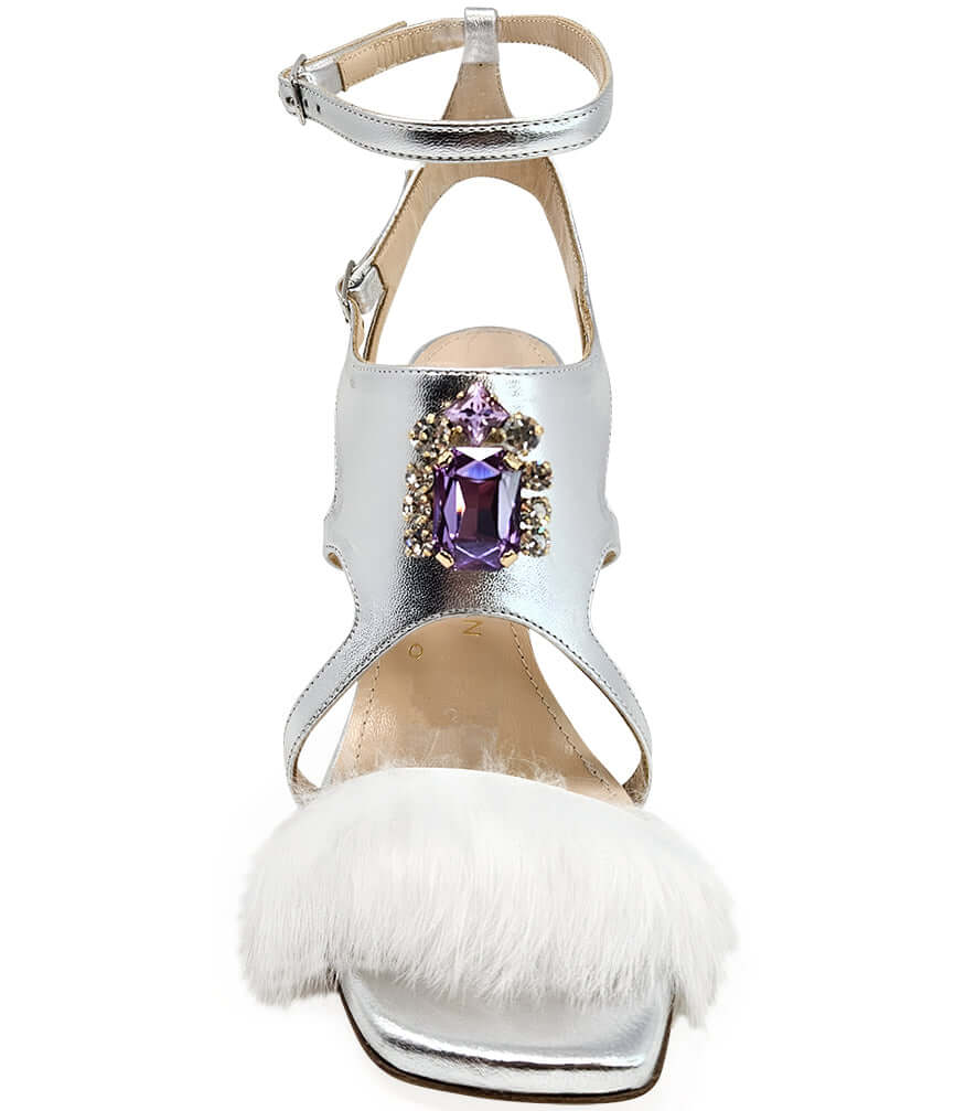 Silver Leather Open Toe Feather Pump Shoes Heels Italy Maison