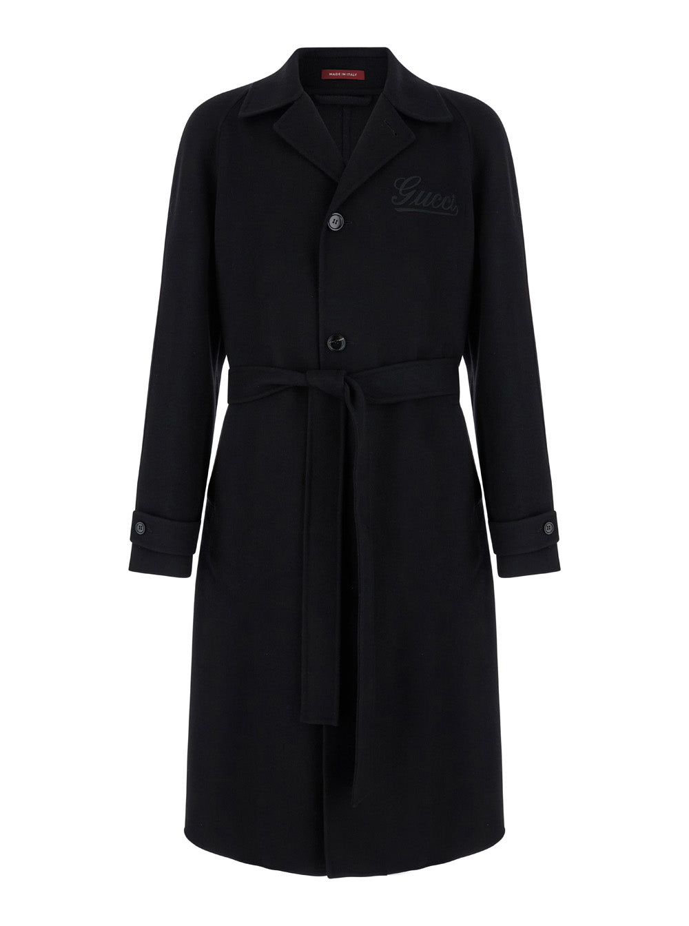 Gucci Men's Black Single-Breasted OverCoat With Wide Notched Revers And Belt Wool