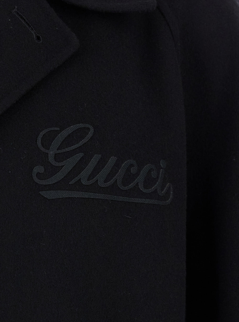 Gucci Men's Black Single-Breasted OverCoat With Wide Notched Revers And Belt Wool